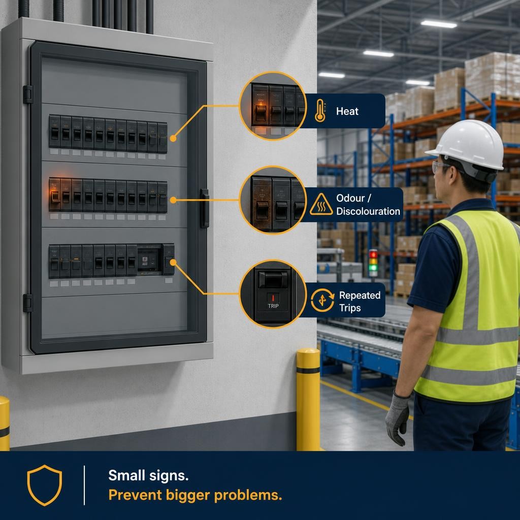 Professional warehouse electrical safety illustration showing a distribution board with highlighted areas for unusual heat, discolouration and repeated breaker trips.
