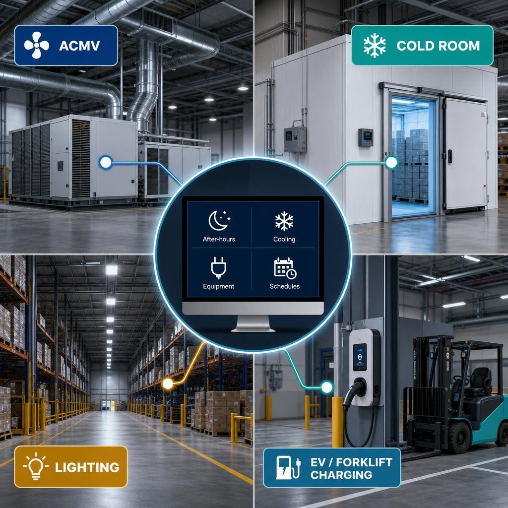 Infographic-style illustration of a Singapore warehouse showing energy monitoring across cold rooms, ACMV, lighting and charging areas, with a dashboard highlighting four hidden energy waste patterns.