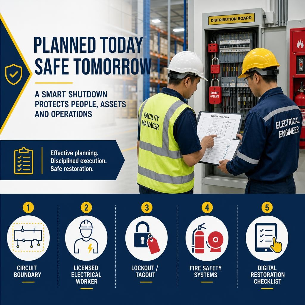Professional warehouse electrical shutdown checklist showing five preparation steps including isolation, lockout tagout, fire safety and digital restoration records.