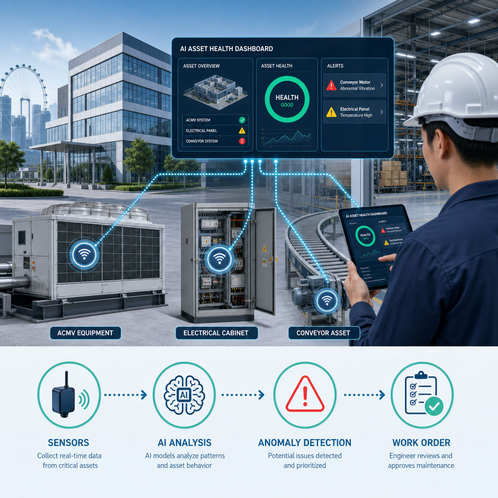 Professional Singapore facility engineer reviewing an AI-assisted asset-health dashboard beside ACMV and electrical equipment in a modern commercial building, with subtle sensor and maintenance workflow graphics.