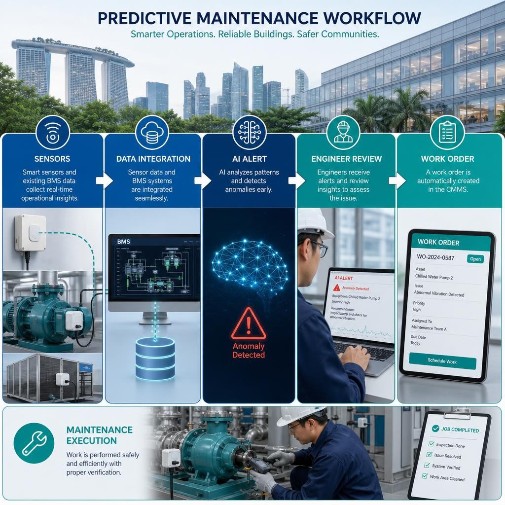 Professional infographic showing a Singapore commercial facility maintenance workflow from smart sensors and BMS data to AI anomaly detection, engineer approval and CMMS work orders.