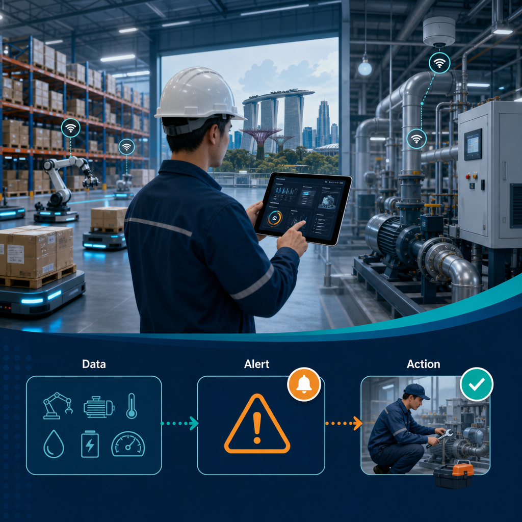 Professional Singapore warehouse and engineering facility illustration showing connected equipment, maintenance alerts and a human facility manager reviewing operational data.