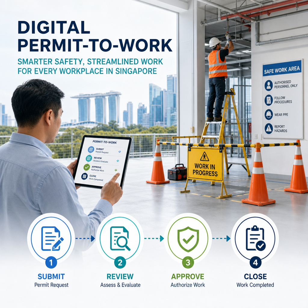 Professional illustration of a Singapore commercial facility manager reviewing a digital permit-to-work dashboard showing approved maintenance activities, work locations and contractor coordination.