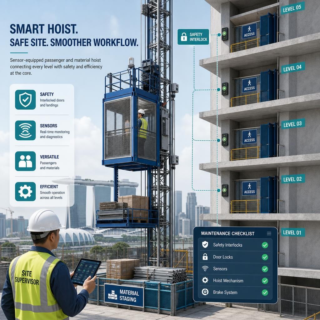 Professional illustration of a sensor-equipped passenger and material hoist serving multiple construction-floor landings, with a supervisor monitoring safe access and digital maintenance records in a Singapore building site.