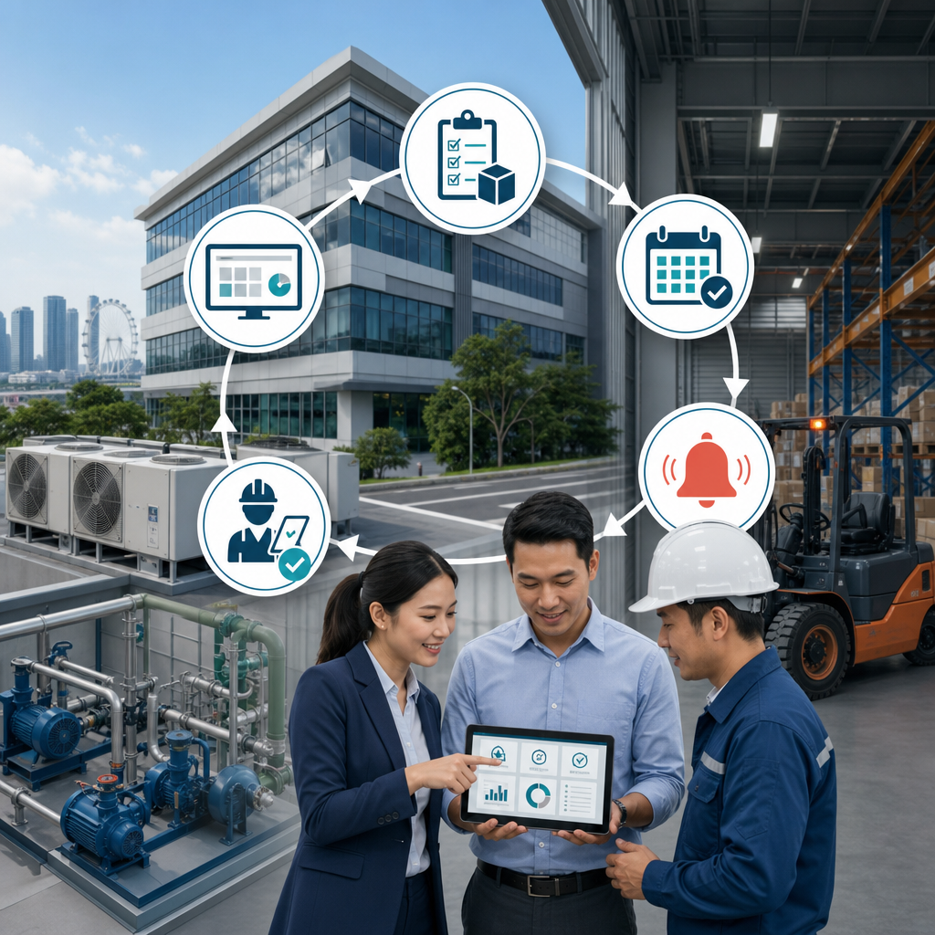 Professional Singapore facility engineer reviewing a digital preventive maintenance dashboard beside HVAC and warehouse equipment, with a simple workflow from asset records to sensor alerts and technician action.