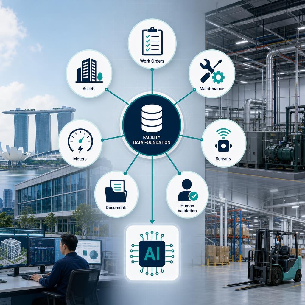 Professional infographic showing a Singapore commercial facility data foundation connecting assets, maintenance records, energy meters, sensors, documents and AI automation.