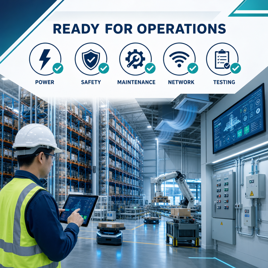 Professional illustration of a Singapore automated warehouse with a facility manager reviewing a readiness checklist covering utilities, safety, maintenance and digital controls.