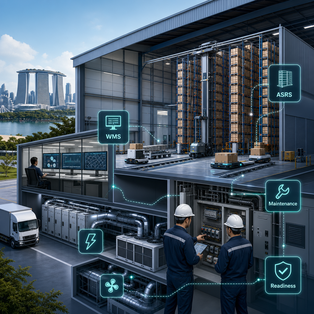 Professional illustration of a Singapore logistics warehouse with automated storage, digital dashboards, engineers and connected facility systems.