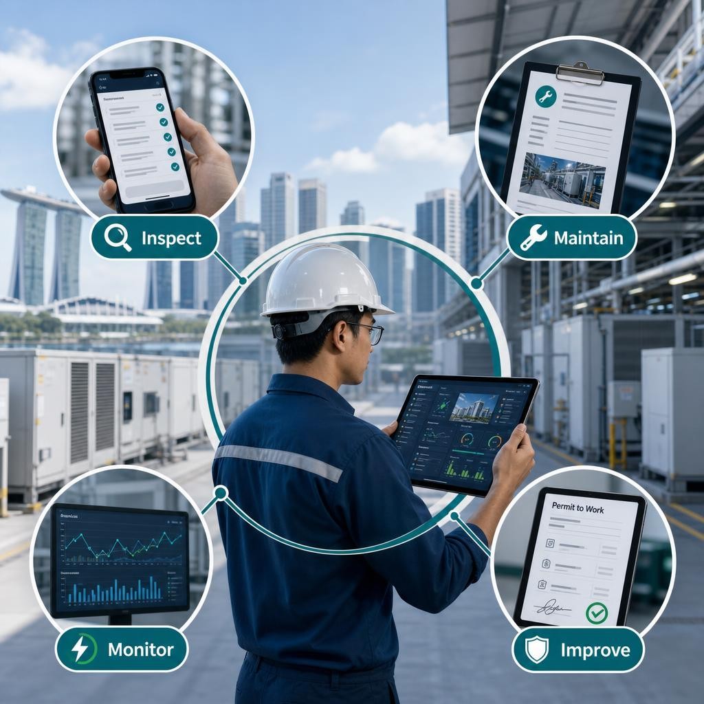 Professional illustration of a Singapore commercial facility dashboard connecting inspection records, maintenance tasks, energy monitoring and a human engineering team.