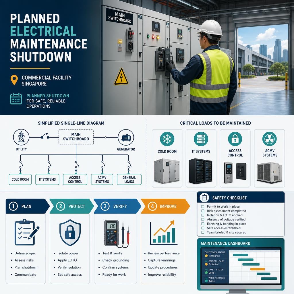 Professional infographic showing a Singapore facility shutdown plan with an electrical single-line diagram, critical loads, controlled isolation and digital maintenance verification.