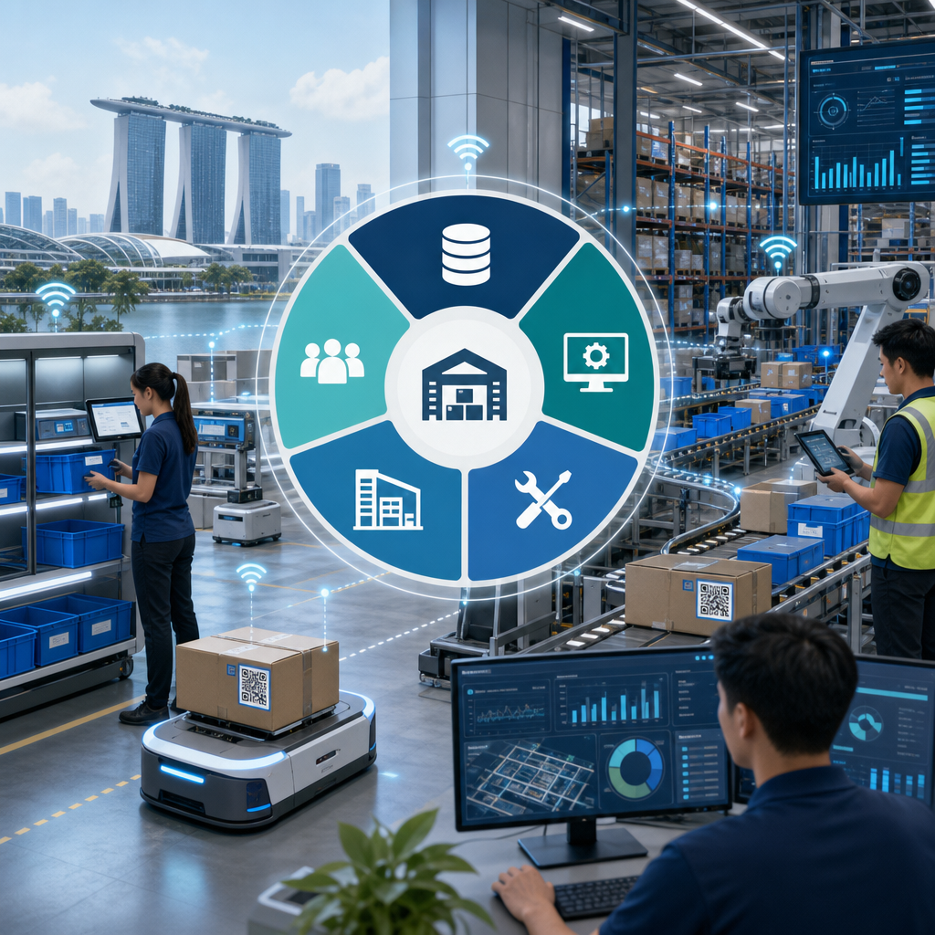 Infographic-style illustration of a Singapore warehouse showing goods-to-person automation, digital asset data, maintenance workflows and workers supervising automated equipment.