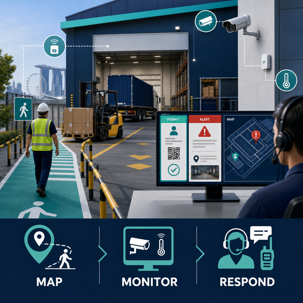 Professional Singapore warehouse illustration showing separated vehicle and pedestrian routes, a digital permit dashboard, monitoring cameras and facility safety sensors.