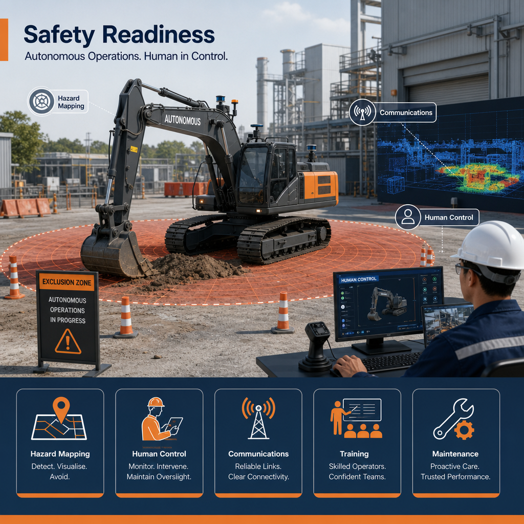 Professional illustration of an autonomous excavator operating inside a controlled Singapore industrial yard, with a remote supervisor, marked exclusion zone and a safety-readiness checklist.