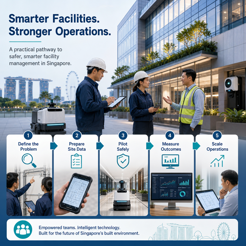 Professional infographic showing a Singapore commercial facility technology adoption roadmap from operational problem to pilot, human oversight, measurable outcomes and scale.