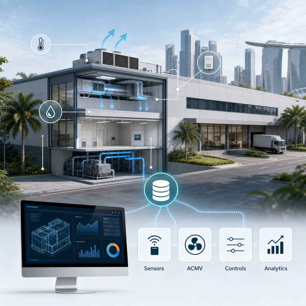 Infographic-style illustration showing a Singapore commercial facility with ACMV sensors, ventilation airflow, chilled-water piping, building controls and an analytics dashboard.