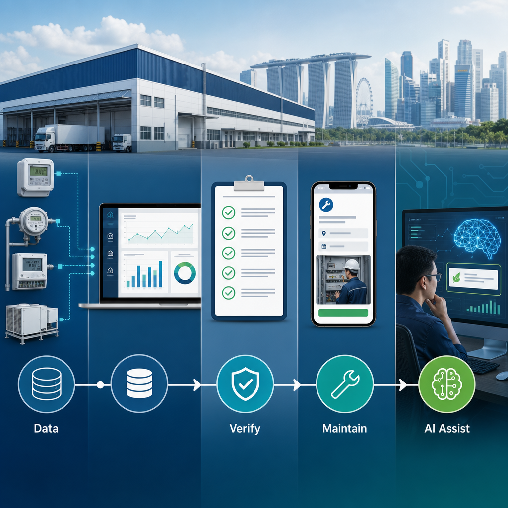 Infographic showing a Singapore facility energy workflow moving from meters and assets to validated data, maintenance actions and carefully governed AI analytics.