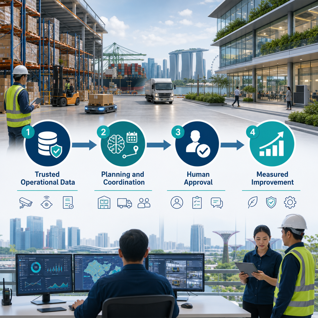 Professional infographic showing a Singapore logistics and facility operations team moving from trusted data to supervised AI adoption through planning, integration and workforce capability.