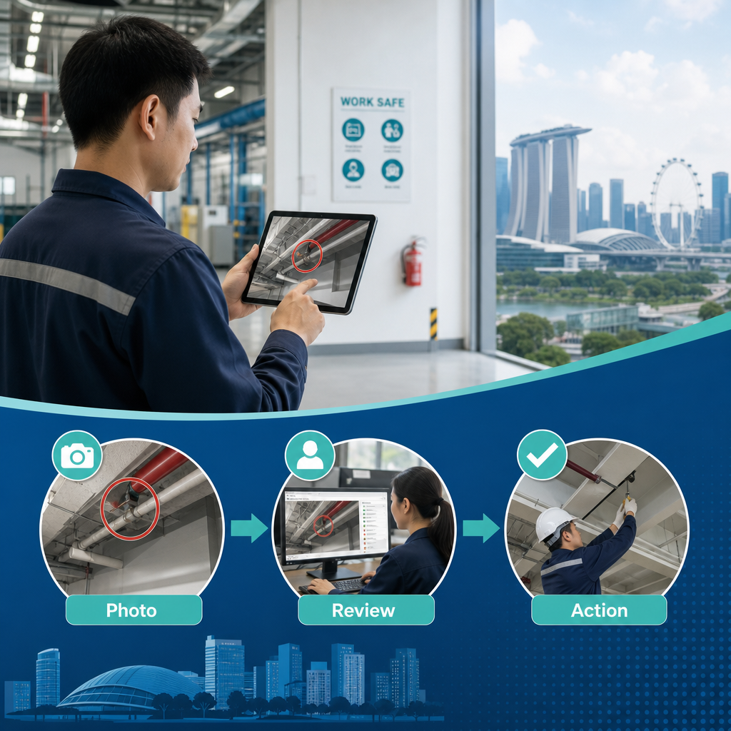 Professional Singapore facility inspection scene showing a worker using a tablet to review a workplace photograph, with simple visual callouts for photo standards, human review and corrective action.
