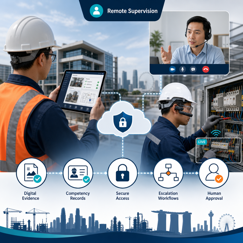 Infographic-style illustration of a Singapore engineering supervisor reviewing a remote site inspection on a tablet while a worker uses a live-streaming device at a commercial construction or facility site.