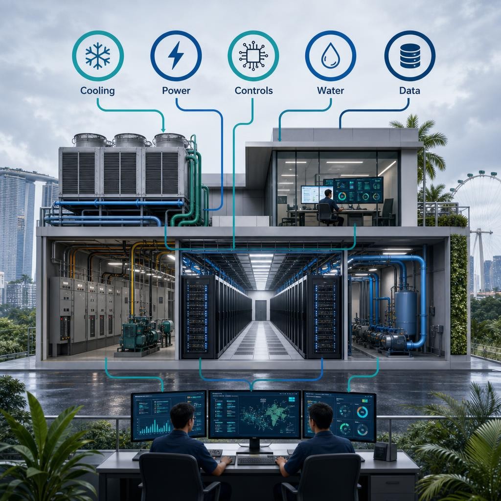Professional illustration of a Singapore data-centre facility showing interconnected cooling, electrical, controls, water and operational data systems.