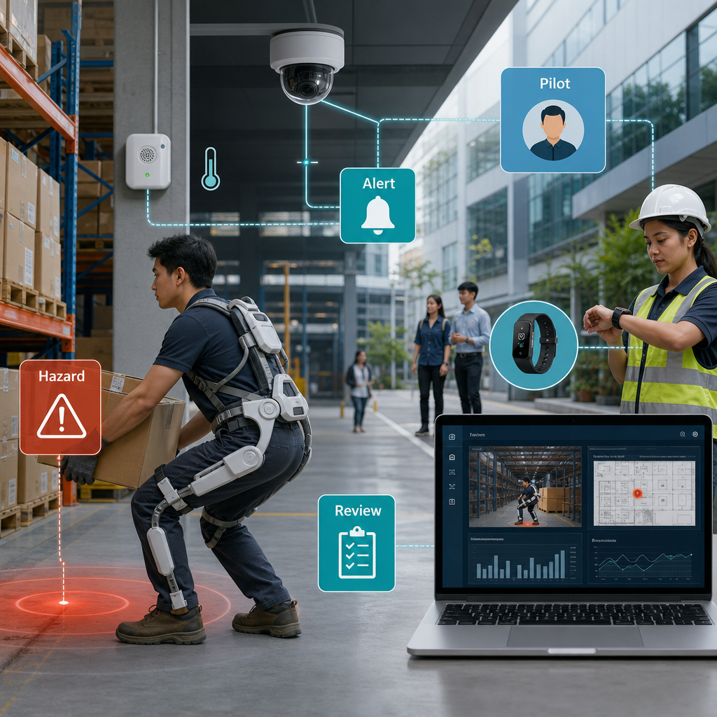 Professional Singapore facility illustration showing a worker with an exoskeleton, environmental sensor, safety camera and digital operations dashboard.