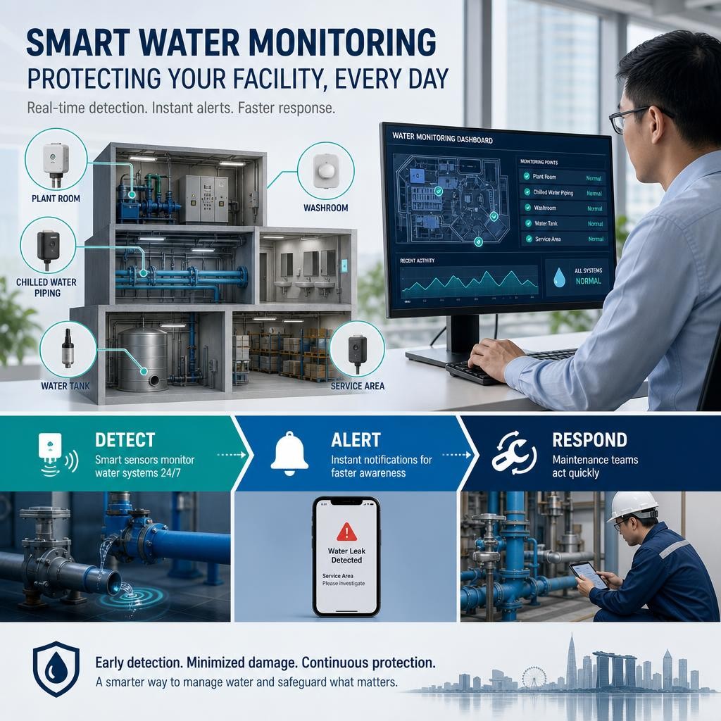 Professional facility engineer reviewing a digital water-monitoring dashboard beside sensors installed near commercial building services, with a Singapore facility context.