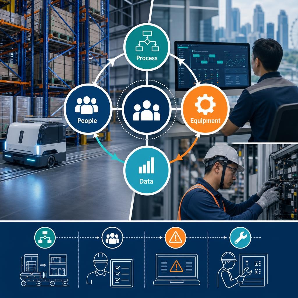 Professional illustration of a Singapore warehouse team monitoring an automated storage system, with autonomous shuttle movement, software dashboards and maintenance support elements.