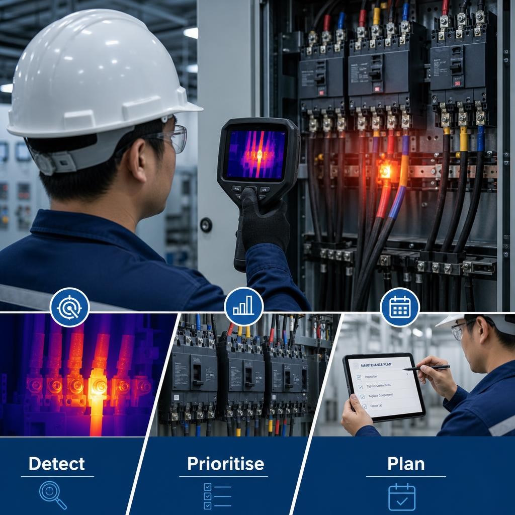Engineer using a thermal camera to inspect a commercial electrical switchboard, with a heat map highlighting an abnormal connection in a Singapore facility.