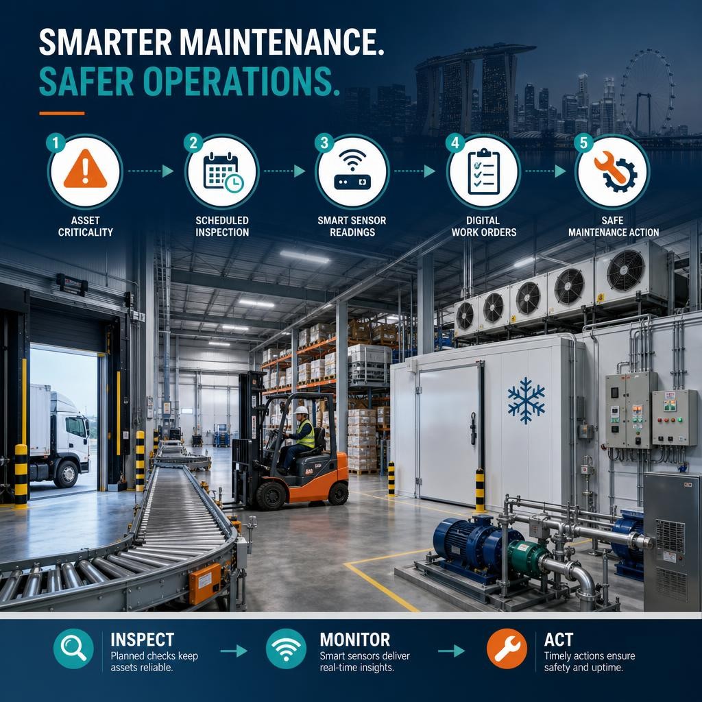 Warehouse maintenance infographic showing conveyors, dock equipment, forklifts, cold-room systems and sensors connected to a preventive maintenance workflow.