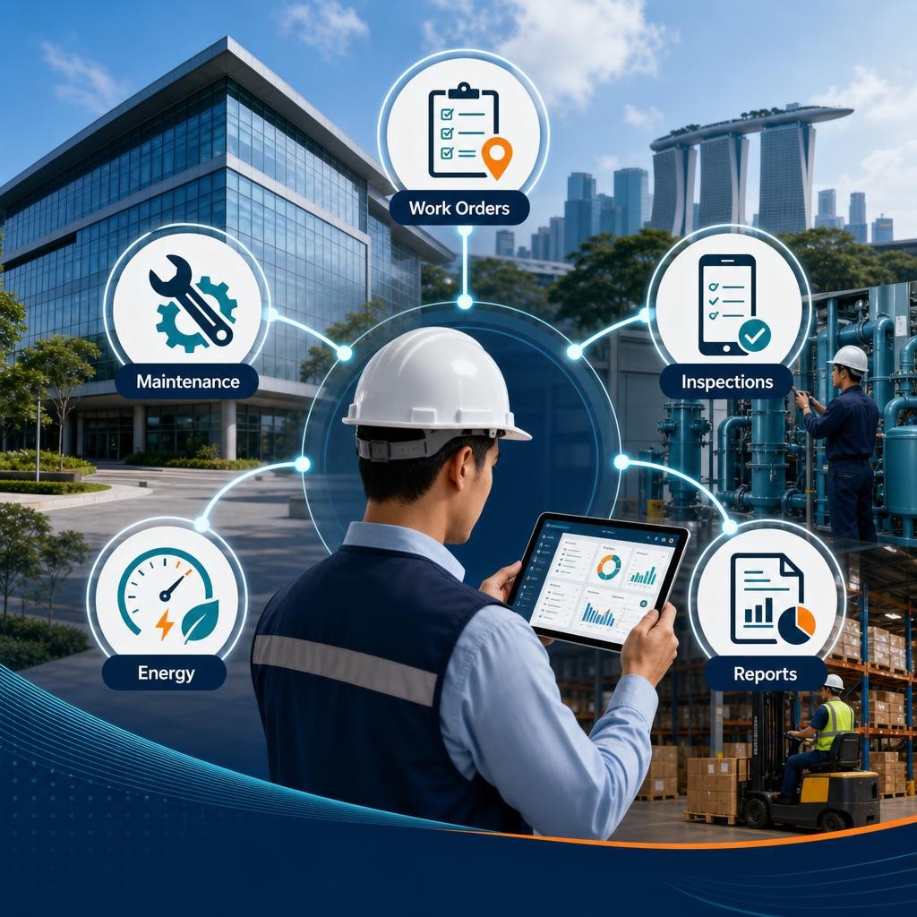 Professional Singapore commercial facility operations infographic showing five AI automation applications: work orders, maintenance, inspections, energy monitoring and reporting.
