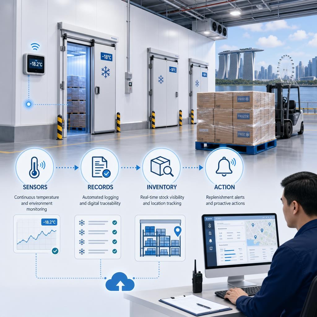 Professional infographic showing a Singapore cold-chain warehouse connected to temperature sensors, digital traceability records, inventory alerts and a human operations review dashboard.