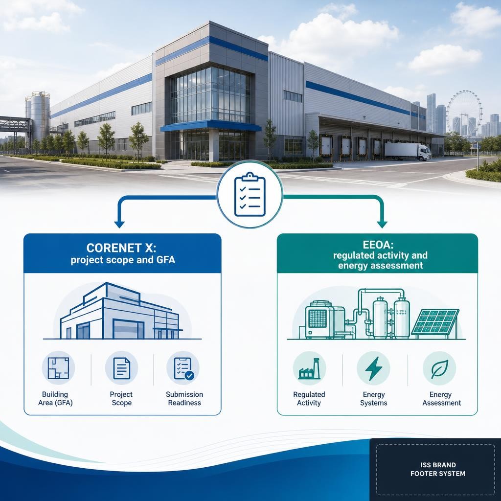 Infographic-style illustration showing separate CORENET X project scope and EEOA eligibility pathways for a Singapore warehouse facility.