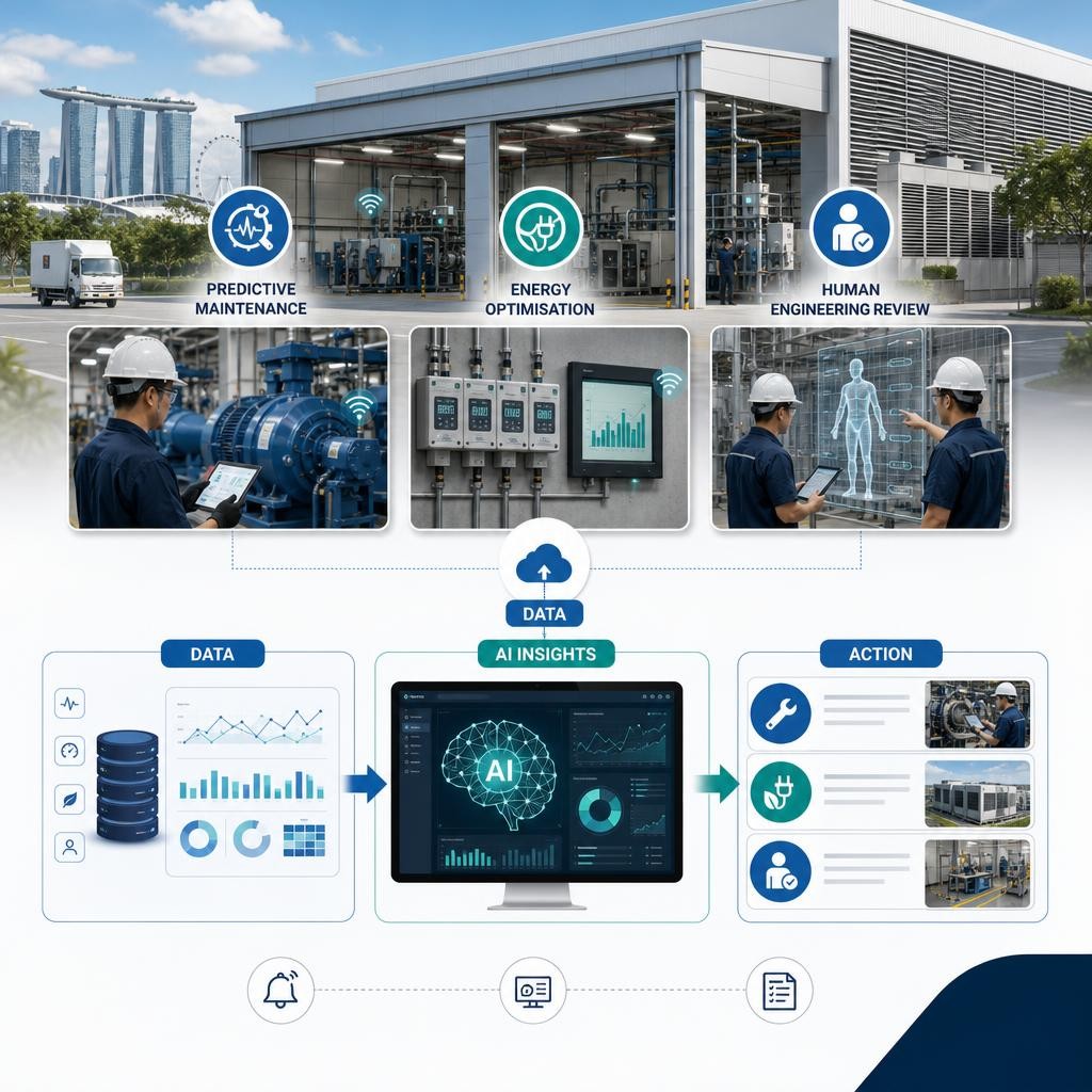 Professional Singapore facility operations illustration showing equipment monitoring, energy analytics and predictive maintenance workflows connected through an AI dashboard.