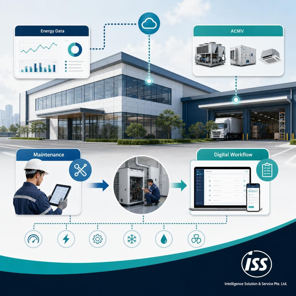 Professional Singapore facility sustainability infographic showing building energy-performance planning, ACMV monitoring and a separate bottom-right ISS logo and company footer within safe margins.