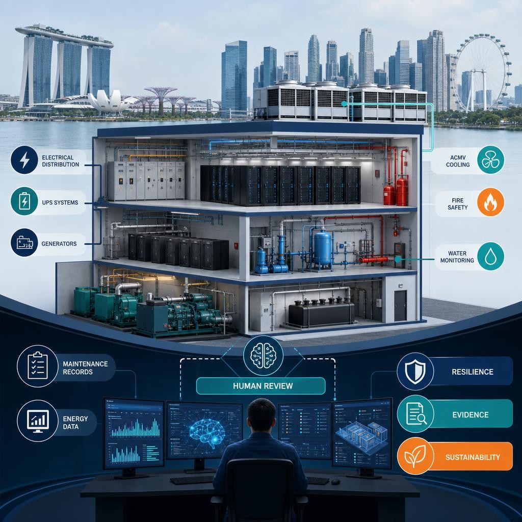 Professional Singapore data-centre operations infographic showing electrical systems, cooling, fire safety, water monitoring, maintenance records and responsible AI automation connected to a readiness checklist.