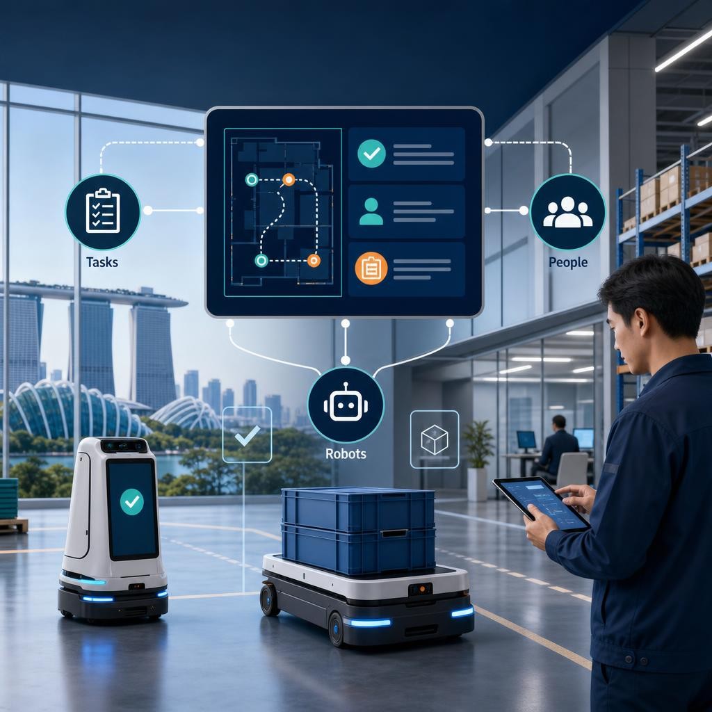 Professional illustration of robots and facility technicians coordinated through a central operations dashboard inside a Singapore commercial facility.