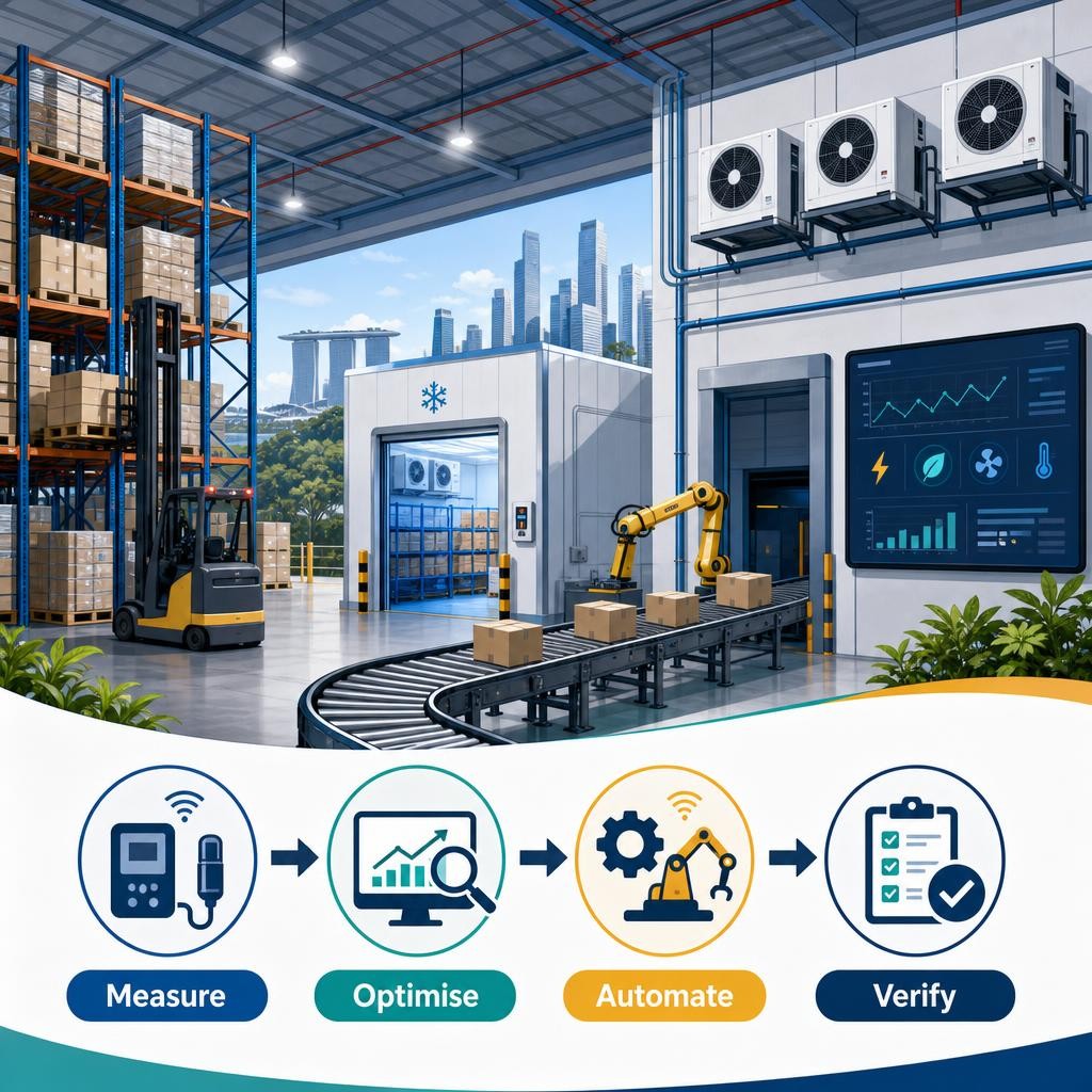Professional infographic-style illustration of a Singapore warehouse showing cooling, cold-room, lighting, conveyor and energy-monitoring zones connected to a practical efficiency checklist.