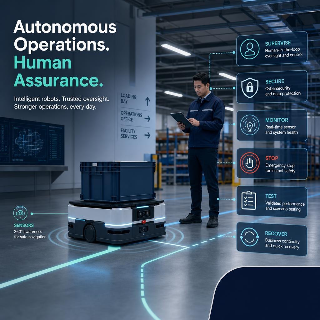 Professional Singapore facility illustration showing an autonomous mobile robot, facility manager with tablet, connected sensors and a safety-control checklist.