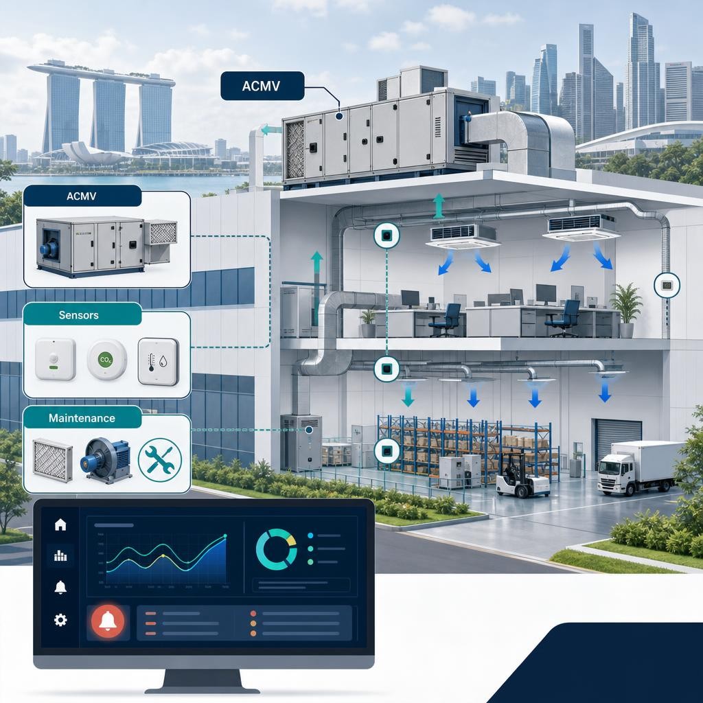 Professional illustration of a Singapore commercial facility with ACMV equipment, indoor sensors, airflow arrows and a digital maintenance dashboard.
