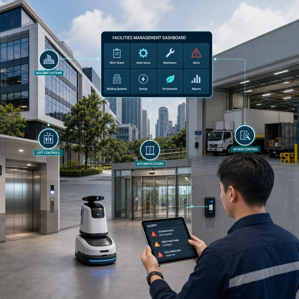 Professional illustration of a Singapore commercial building with a service robot connected to facility-management software, lifts, doors and access-control systems.