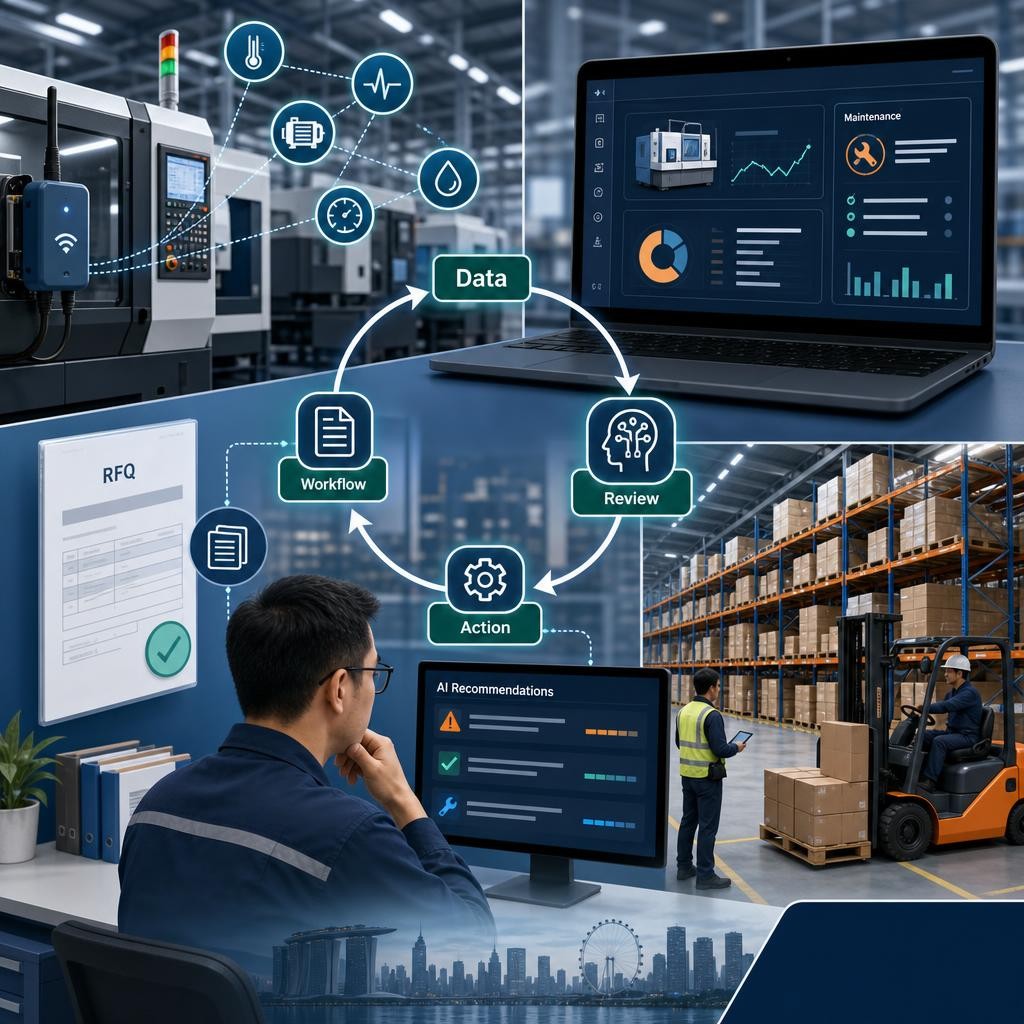 Professional Singapore engineering and facilities operations illustration showing AI-assisted equipment monitoring, maintenance records, warehouse workflows and human review.