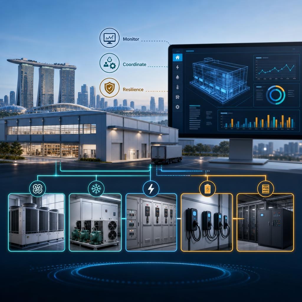 Professional infographic showing a Singapore commercial facility with electrical panels, ACMV and refrigeration loads connected to an energy monitoring dashboard.