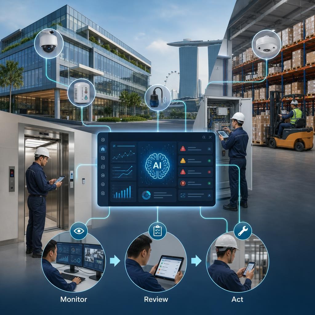 Professional illustration of a Singapore commercial building and warehouse facility connected to an AI monitoring dashboard, engineering workflow and lift sensor icons.