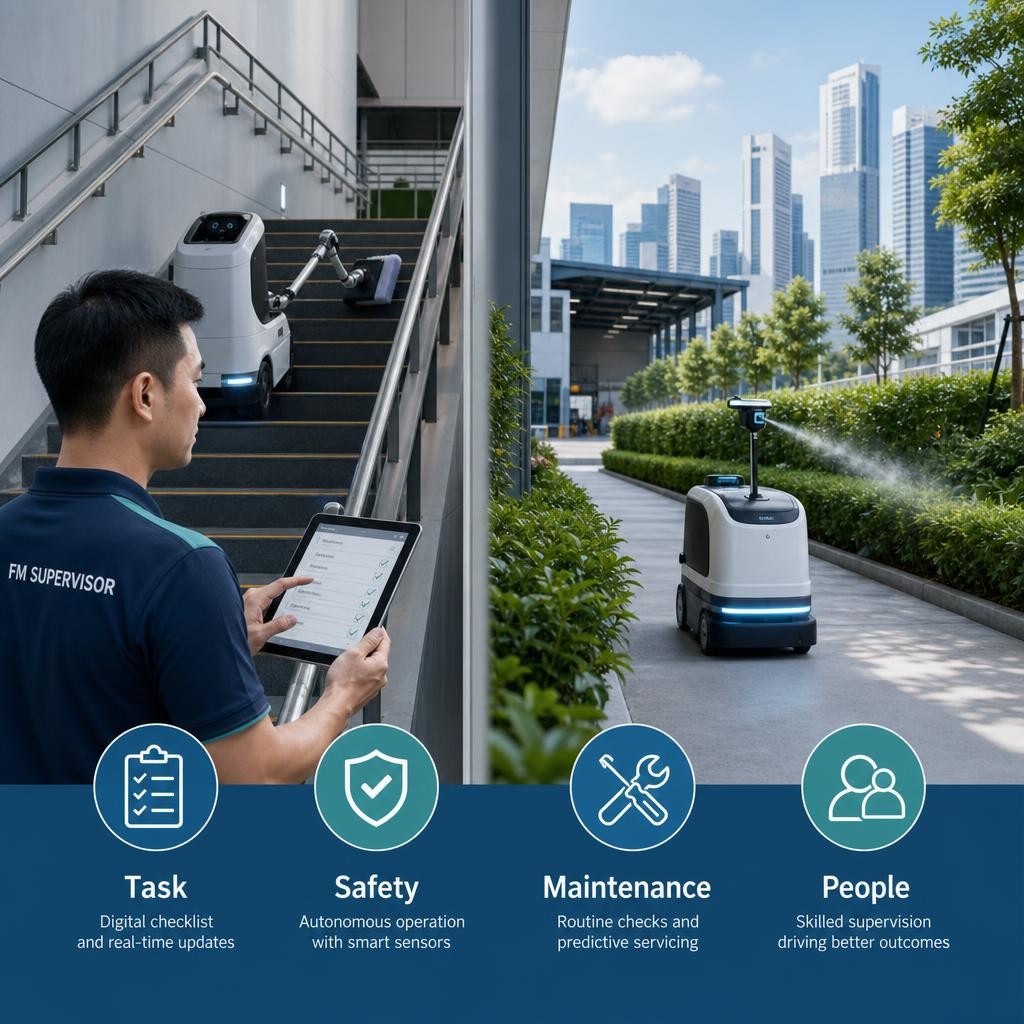 Professional illustration of a Singapore commercial facility with a staircase-cleaning robot and a mosquito-control robot, supported by an FM supervisor reviewing a digital operations checklist.