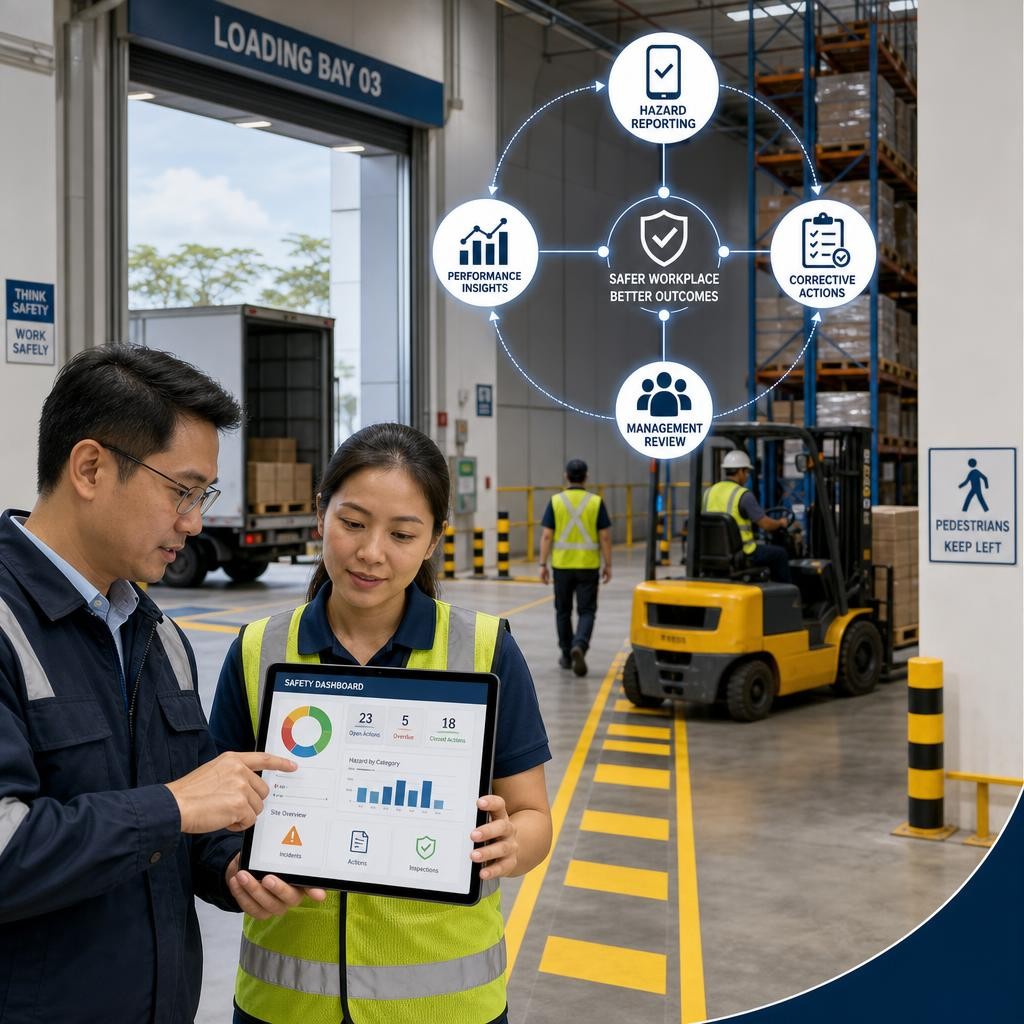 Singapore warehouse supervisor reviewing a digital safety dashboard beside clearly marked vehicle and pedestrian routes in a modern loading area