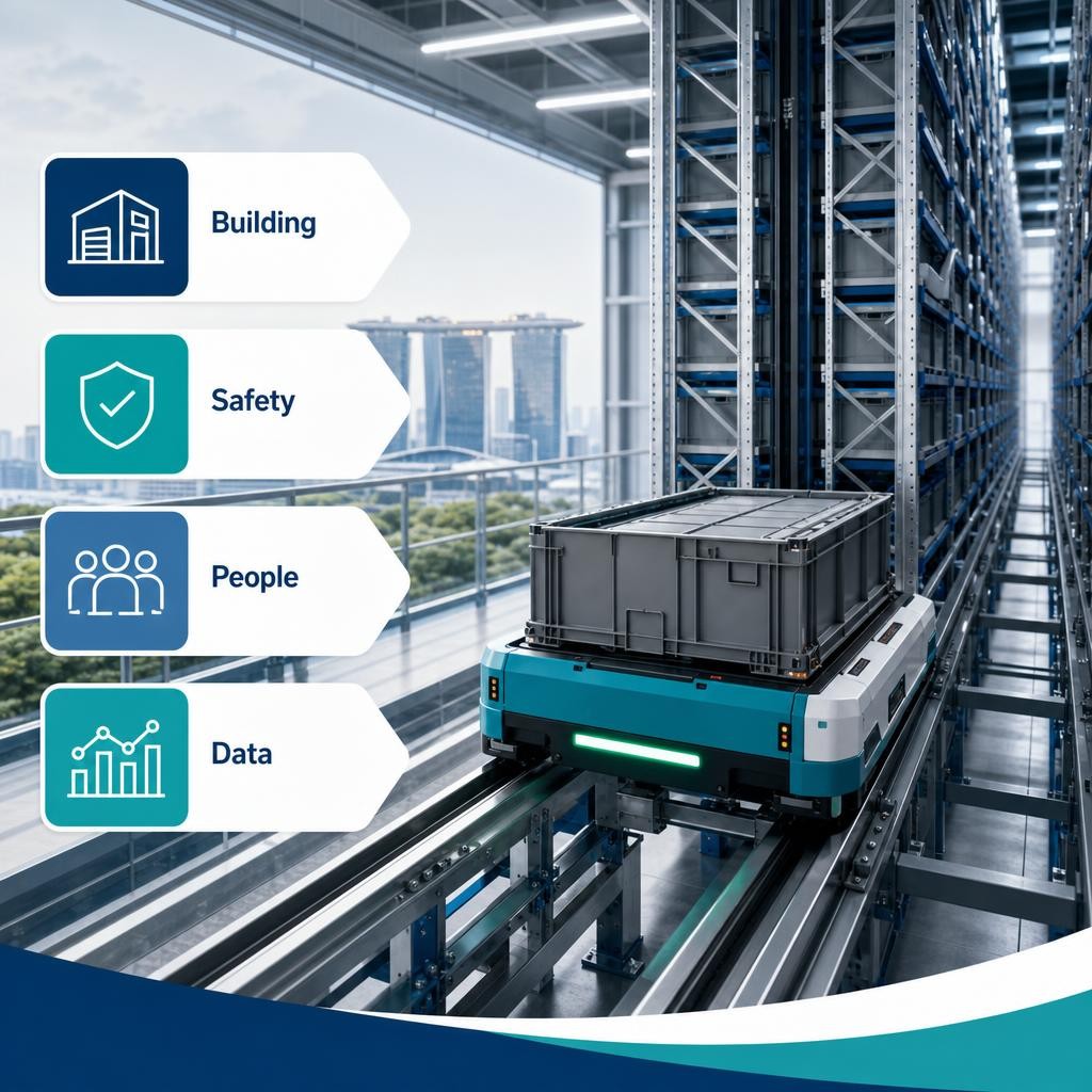 Professional illustration of an automated storage shuttle system inside a Singapore warehouse, with callouts for building readiness, safety, inventory data and workforce training.