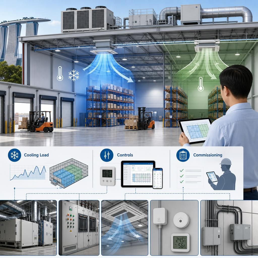 Professional Singapore warehouse illustration showing high-bay racking, air-conditioning equipment, cooling zones, ventilation airflow, sensors and a facility manager reviewing project scope.