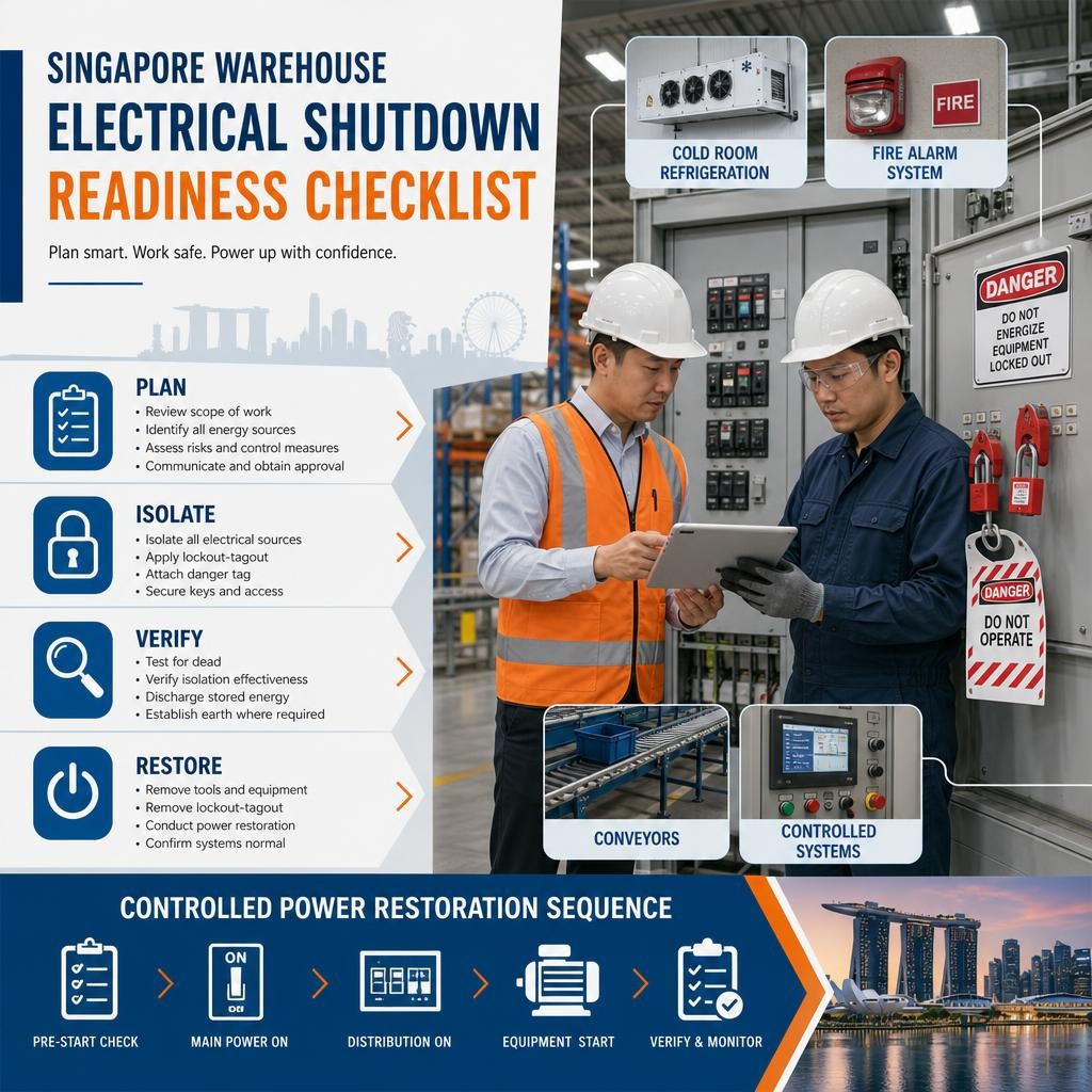 Professional Singapore warehouse electrical shutdown planning infographic showing a facility manager reviewing a permit, lockout tagout points, critical electrical loads, refrigeration and fire-safety systems.
