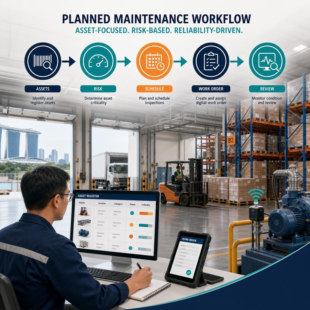 Infographic-style illustration of a Singapore warehouse maintenance planning workflow showing asset register, criticality ranking, scheduled inspections, digital work orders and condition monitoring.